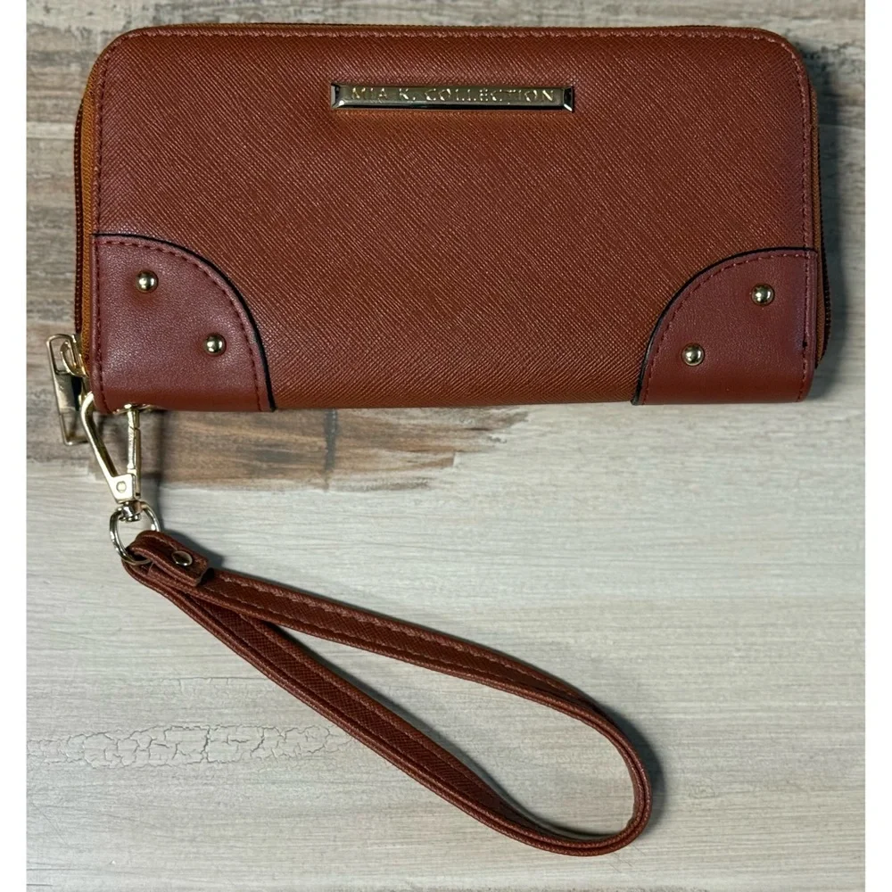 Mia K. Collection Vegan Leather Wallet Wristlet Brown